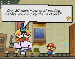Mario has to read to get to the next level. 